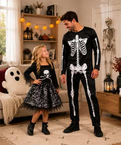 Vader en dochter in Halloweenkostuums met skelet- en schedelmotieven in een versierde woonkamer