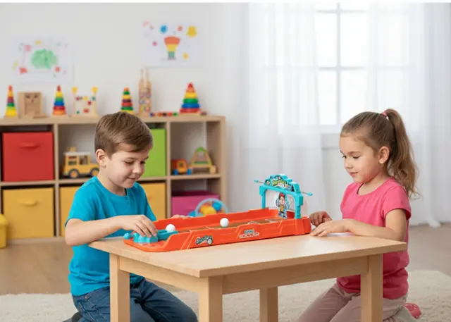 Twee kinderen spelen een tafelspel met een speelgoedbaan en kleurrijke ballen in een lichte, speelse kamer met educatief speelgoed.