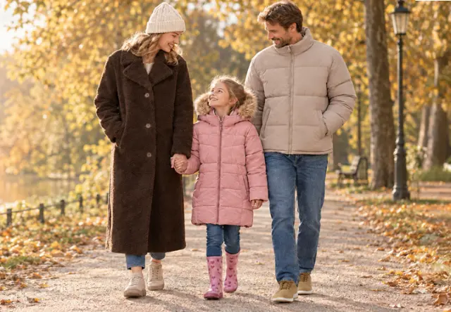 Gezin in warme jassen tijdens een herfstwandeling langs het meer
