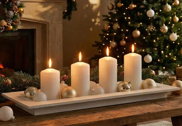 Vier witte kaarsen branden op een rechthoekig dienblad dat is versierd met witte en gouden ornamenten, geplaatst op een houten tafel voor een kerstboom en een open haard.