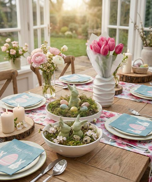 Een prachtig gedekte eettafel met bloemstukken, kaarsen en pastelkleuren decor, badend in warm zonlicht dat door grote ramen valt.