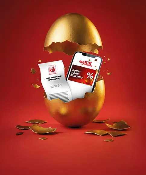 Een gouden ei is opengebroken en onthult een smartphone met een kortingsaanbod en de tekst „Breek het gouden ei”.