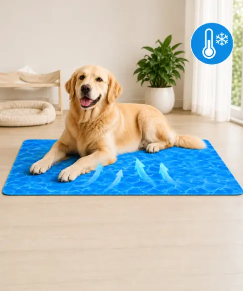 Hond ontspant op een blauwe koelmat in huis – praktische verkoeling voor huisdieren op