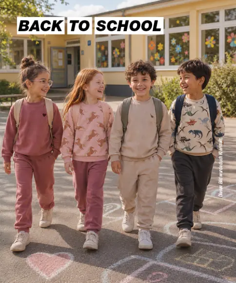 Kinderen in comfortabele sweatoutfits met rugzakken op het schoolplein voor de start van het nieuwe schooljaar