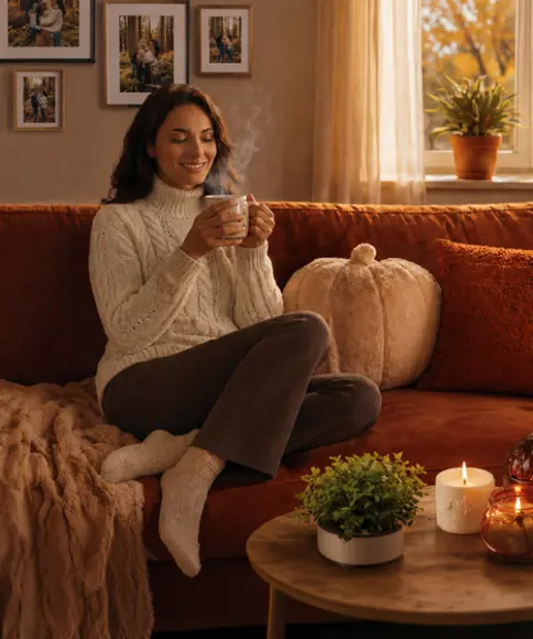 Vrouw in een comfortabele gebreide trui ontspant met een warme drank op de bank in een herfstige sfeer