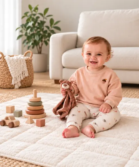 Vrolijke baby in zachte babykleding van biologisch katoen zit met een knuffel op een speelkleed