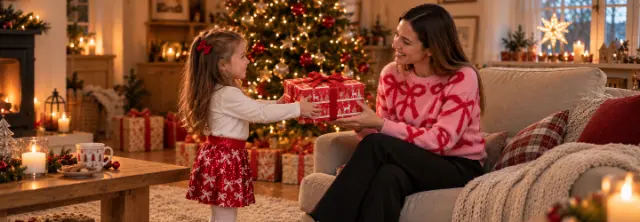 Dochter geeft haar moeder een kerstcadeau in een feestelijk versierde woonkamer met kerstboom