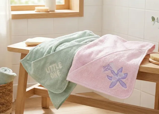 Twee babyhanddoeken, één groene met het opschrift „Little One” en één roze met een bloemenmotief, uitgestald op een houten bankje bij een raam