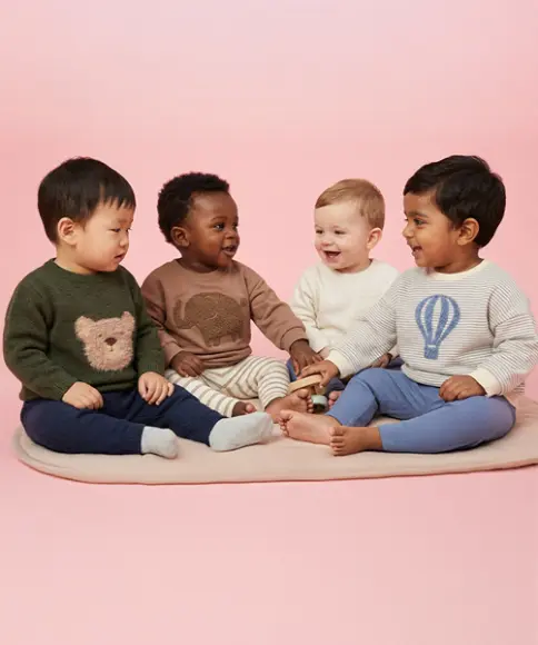 Vier kinderen zitten op een kussen voor een roze achtergrond en dragen kleurrijke sweaters met speelse motieven.