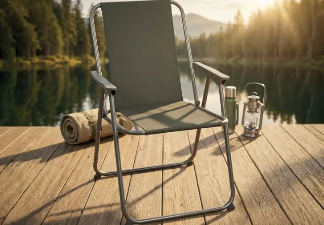 Opvouwbare campingstoel met armleuningen op houten terras aan het meer bij zonsondergang – perfect voor comfortabele en ontspannen momenten buiten