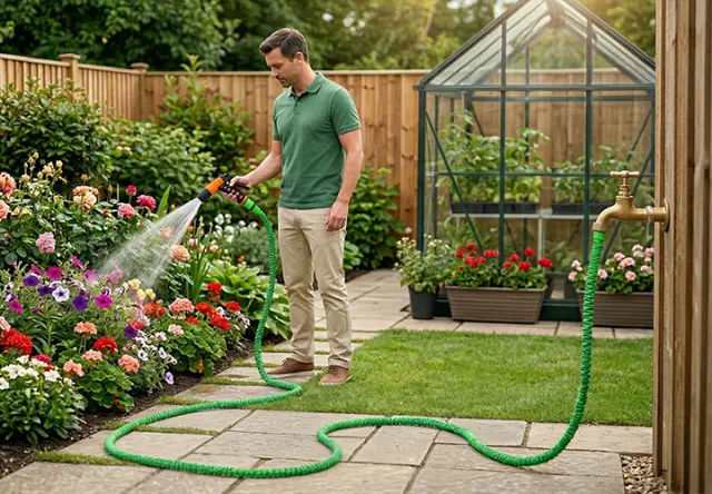 Tuinslang met sproeikop in gebruik bij het besproeien van bloemen in een verzorgde tuin – praktisch tuinaccessoire voor eenvoudige en efficiënte plantenverzorging