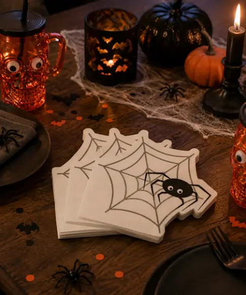 Halloween-tafeldecoratie met servetten met spinnenwebmotief, pompoenen, kaarsen en griezelige accessoires