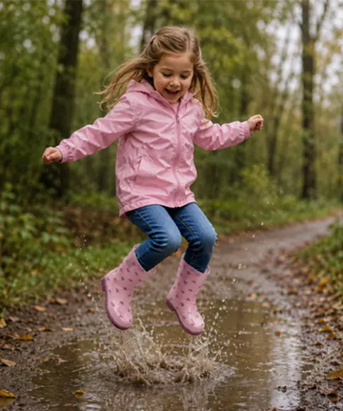 Meisje in roze regenjas en regenlaarzen springt tijdens een wandeling in een plas