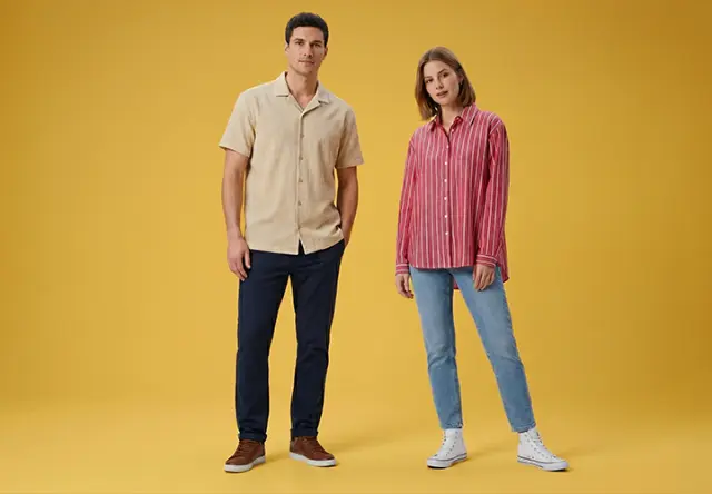 Twee casual geklede personen staan tegen een gele achtergrond, één in een beige shirt met donkere broek, de ander in een rood gestreept shirt met een blauwe jeans.