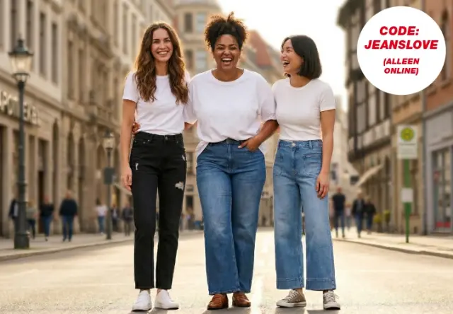 Drie vrouwen dragen verschillende jeanslooks in de stad met vermelding van kortingscode JEANSLOVE – trendy denim outfits voor dagelijks gebruik