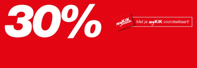 Rode achtergrond met vetgedrukte witte tekst waarin “30%” staat en een promotieboodschap voor houders van een myKiK-kaart.