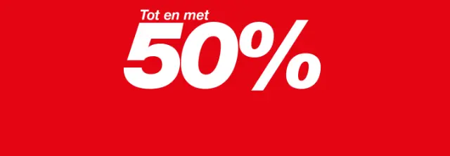 Rode achtergrond met vetgedrukte witte tekst „Tot 50%”, die kortingen tot 50% aanduidt.