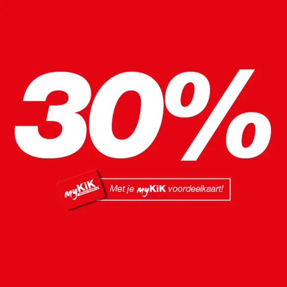 Rode achtergrond met vetgedrukte witte tekst waarin “30%” staat en een promotieboodschap voor houders van een myKiK-kaart.