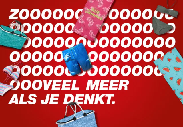 Kleurrijke kleding tegen een opvallende rode achtergrond, met speelse afbeeldingen en de tekst “SO MUCH MORE THAN YOU THINK”.