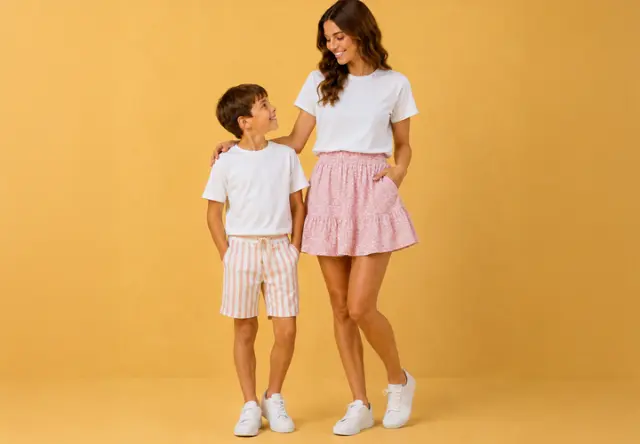 Een vrouw en een jongen in casual zomerse outfits staan tegen een gele achtergrond en kijken elkaar aan.