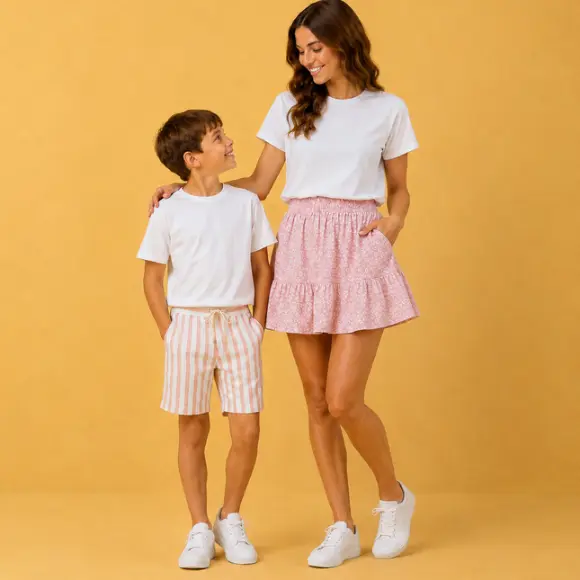 Een vrouw en een jongen in casual zomerse outfits staan tegen een gele achtergrond en kijken elkaar aan.