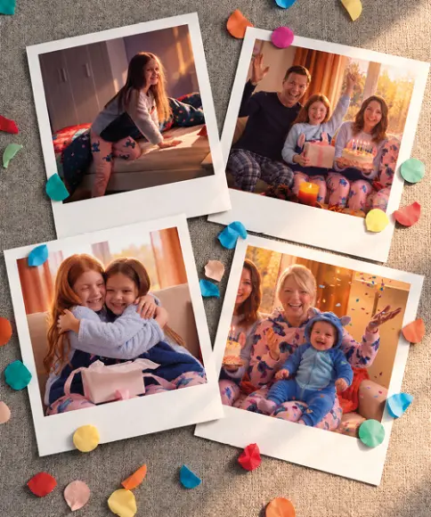 Vier foto's tonen gezellige familiemomenten met kinderen in comfortabele Stitch-pyjama's tijdens knuffelen en feestvieren