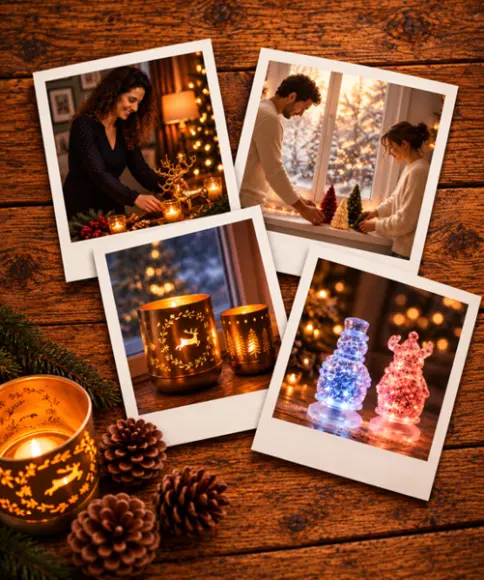 Kerstfotocollage met lichtgevende windlichten, led-sneeuwpoppen, rendieren en feestelijke decoraties