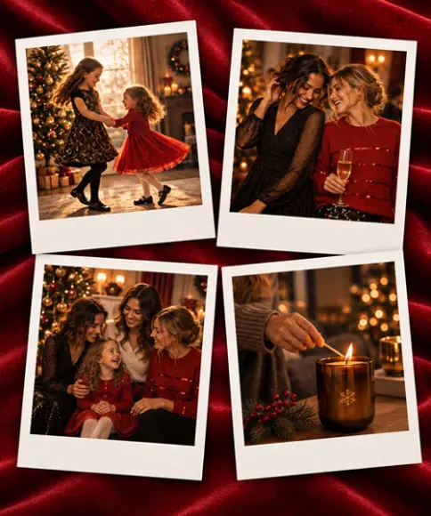 Feestelijke kerstmomenten met vrouwen en meisjes in elegante outfits en sfeervolle kerstdecoratie