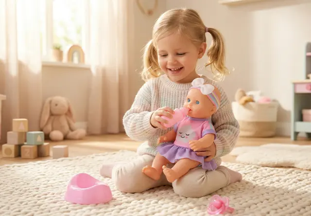 Een klein kind met staartjes zit op een kleed en geeft een pop te drinken uit een speelgoedflesje in een lichte, gezellige kamer.