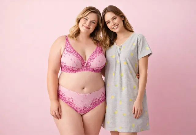 Twee vrouwen staan naast elkaar tegen een roze achtergrond; de ene draagt roze lingerie en de andere een grijze nachtjapon met gele patronen.