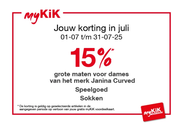 myKiK Actie: 15% korting op damesmode in grote maten van Janina Curved, speelgoed, sokken en panty’s van 1 t/m 31 juli 2025
