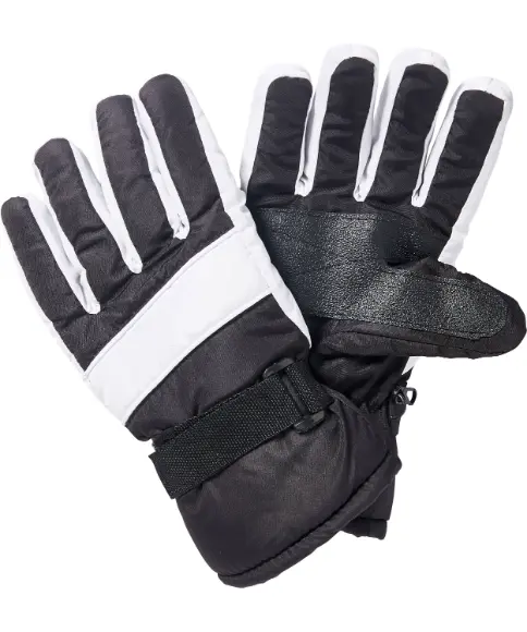 Zwarte en witte geïsoleerde winterhandschoenen met verstelbare polsbanden en een getextureerde handpalm voor extra grip.