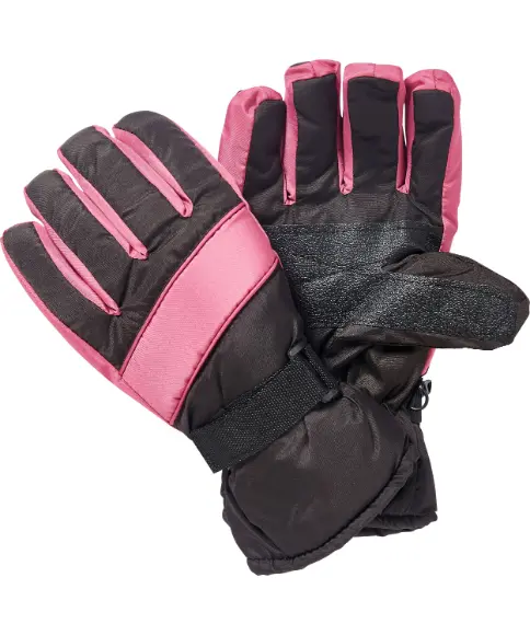 Zwarte en roze geïsoleerde winterhandschoenen met verstelbare polsbanden en een getextureerde handpalm voor extra grip.