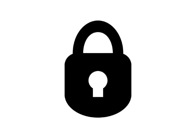 Zwart hangslotpictogram op een witte achtergrond, als symbool voor veiligheid en privacy.