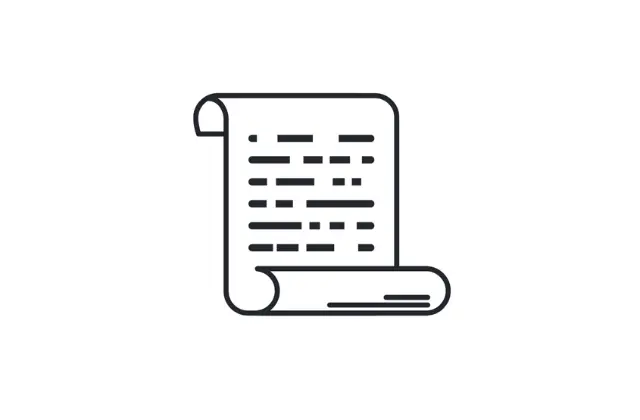 Eenvoudige lijntekening van een rol met tekst, als symbool voor historische documenten of schriftelijke verslagen.