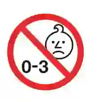 Pictogram met een verdrietig babygezichtje en een rood verbodsbord met de tekst “Geen toegang voor kinderen van 0-3 jaar”.