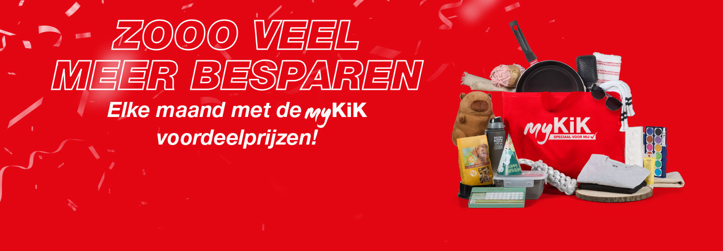 Rode promotiegrafiek met diverse huishoudartikelen en een myKiK shopper, met de nadruk op besparen dankzij maandelijkse aanbiedingen.