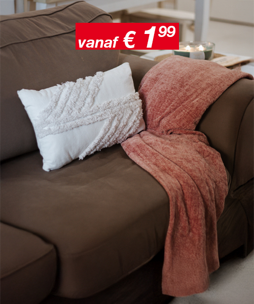 Een gezellige bruine bank met een gestructureerd wit kussen en een zachte, roestkleurige deken.