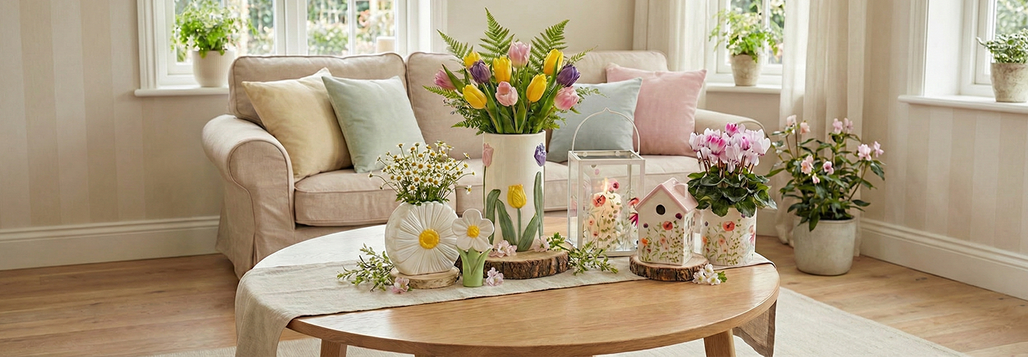 Helles Wohnzimmer mit Frühlingsdeko, Sofa, Blumen, Vasen und dekorativen Wohnaccessoires