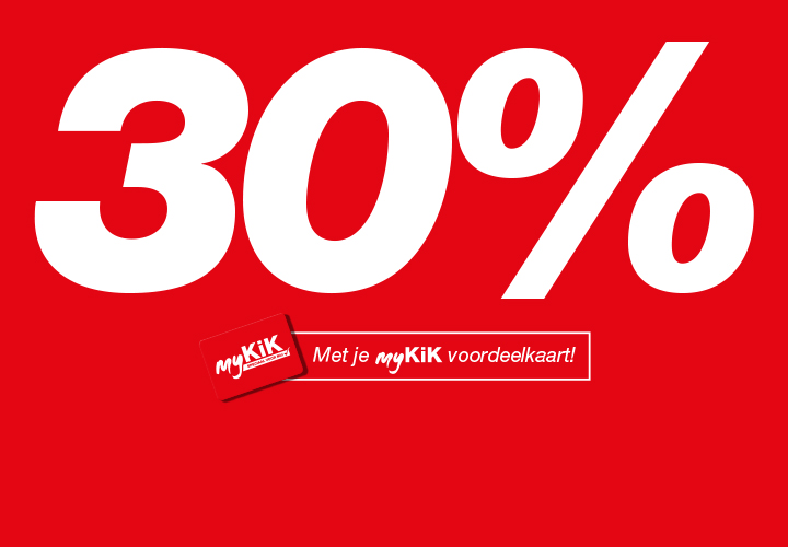 Rode achtergrond met vetgedrukte witte tekst waarin “30%” staat en een promotieboodschap voor houders van een myKiK-kaart.