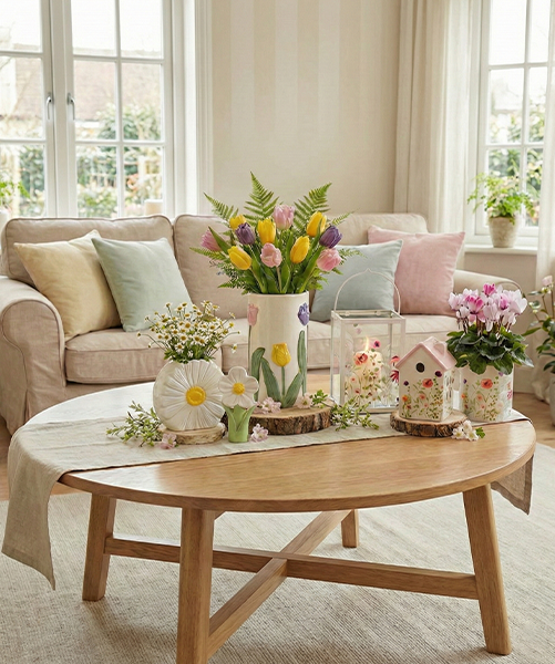 Lichte woonkamer met lentdecoratie, bank, bloemen, vazen en woonaccessoires
