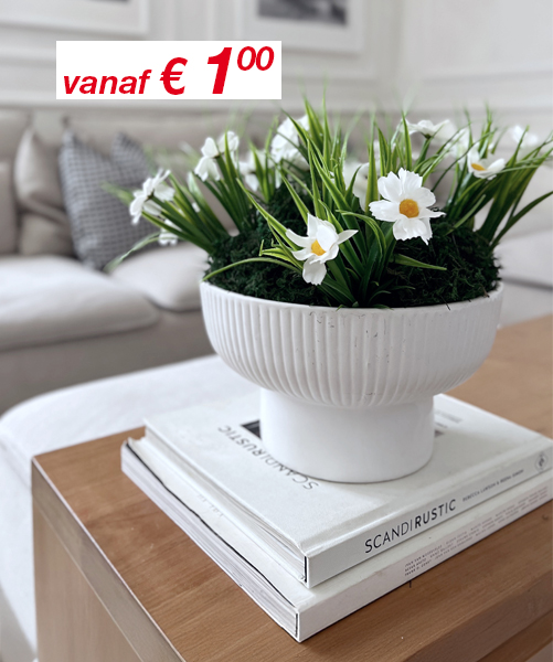 Een witte kom met kunstmadeliefjes en groen staat op gestapelde boeken op een houten salontafel, met een lichte bank op de achtergrond.