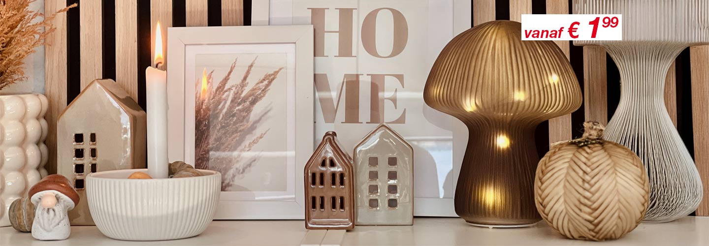 Een gezellige uitstalling van decoratieve artikelen, waaronder kaarsen, keramische huisjes en stijlvolle lampen tegen een houten achtergrond, met de prijzen duidelijk aangegeven.