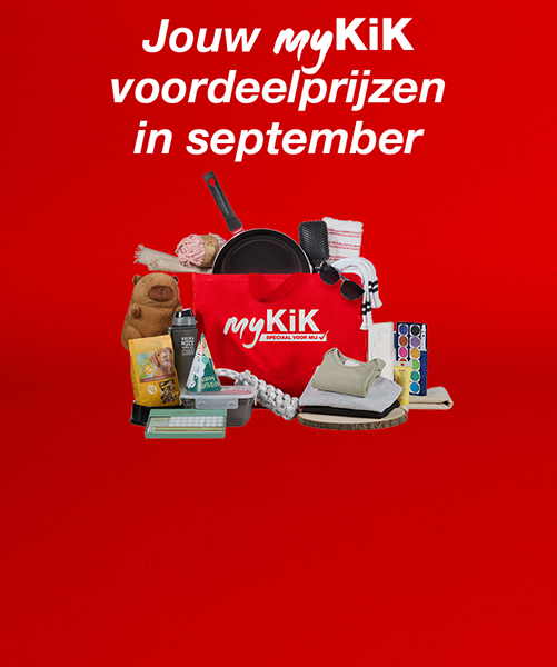 Promotieafbeelding voor myKiK met speciale aanbiedingen voor september, met verschillende huishoudelijke artikelen en een rode draagtas.