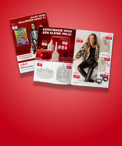 Een promotieafbeelding met Halloween- en kerstartikelen, waaronder decoraties en kleding, op een rode achtergrond. Prijzen zijn gemarkeerd.