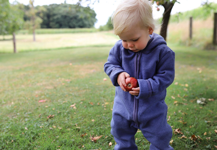 Een jong kind in een blauwe onesie houdt een rode appel vast, staande op groen gras met bomen en een veld op de achtergrond.