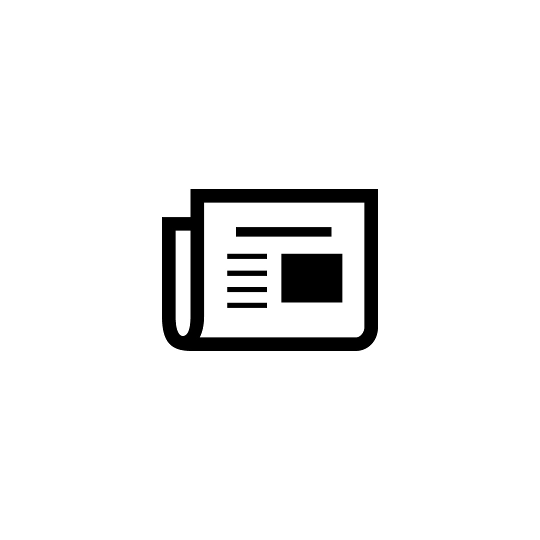 Zwart-wit pictogram van een open krant met tekstregels en een leeg vierkant – symbool voor nieuws en informatie.